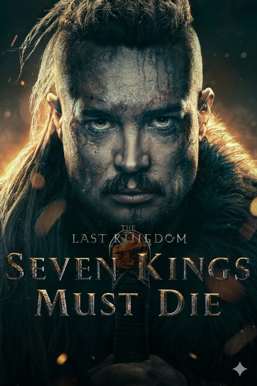 Ein wild aussehender Krieger mit langen Haaren und einem Pelzmantel blickt konzentriert nach vorne. Der Text lautet: „The Last Kingdom: Seven Kings Must Die“. Das Bild strahlt eine düstere, dramatische Atmosphäre aus – perfekt für alle, die sich über IPTV Kaufen ein episches Fernseherlebnis gönnen möchten.