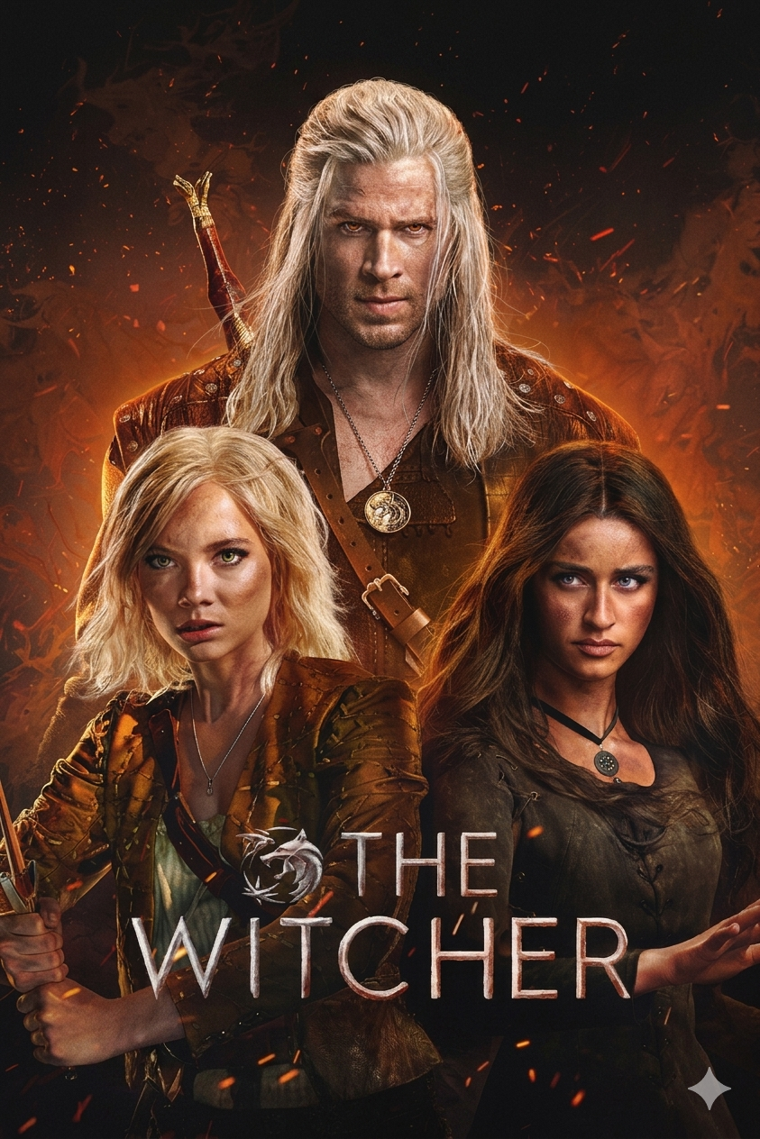 Drei Figuren aus „The Witcher“ stehen gemeinsam vor einem feurigen Hintergrund. In der Mitte steht ein weißhaariger Mann hinter zwei Frauen, von denen eine blond und die andere dunkelhaarig ist. Der Titel der Serie, „The Witcher“, ist unten zu sehen – eine Szene, die perfekt für Fans ist, die über IPTV Kaufen epische Abenteuer erleben möchten.