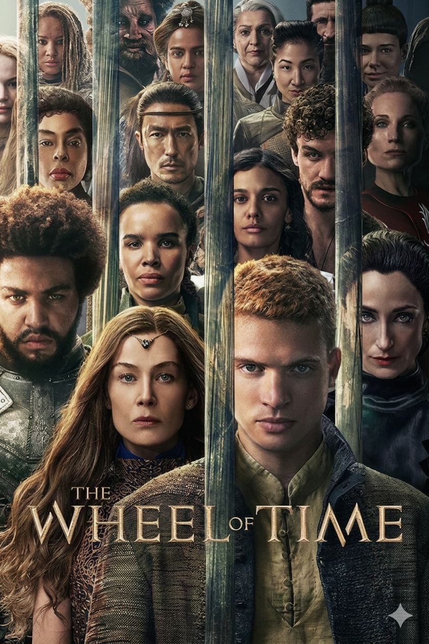 Eine Gruppe unterschiedlicher Figuren aus der TV-Serie „Das Rad der Zeit“ steht vereint da, eingerahmt von vertikalen Linien, und blickt mit ernsten Mienen nach vorne. Der Titel der Serie erscheint unten im Bild – perfekt für Fans, die jede Folge nahtlos mit „IPTV Kaufen“ streamen möchten.
