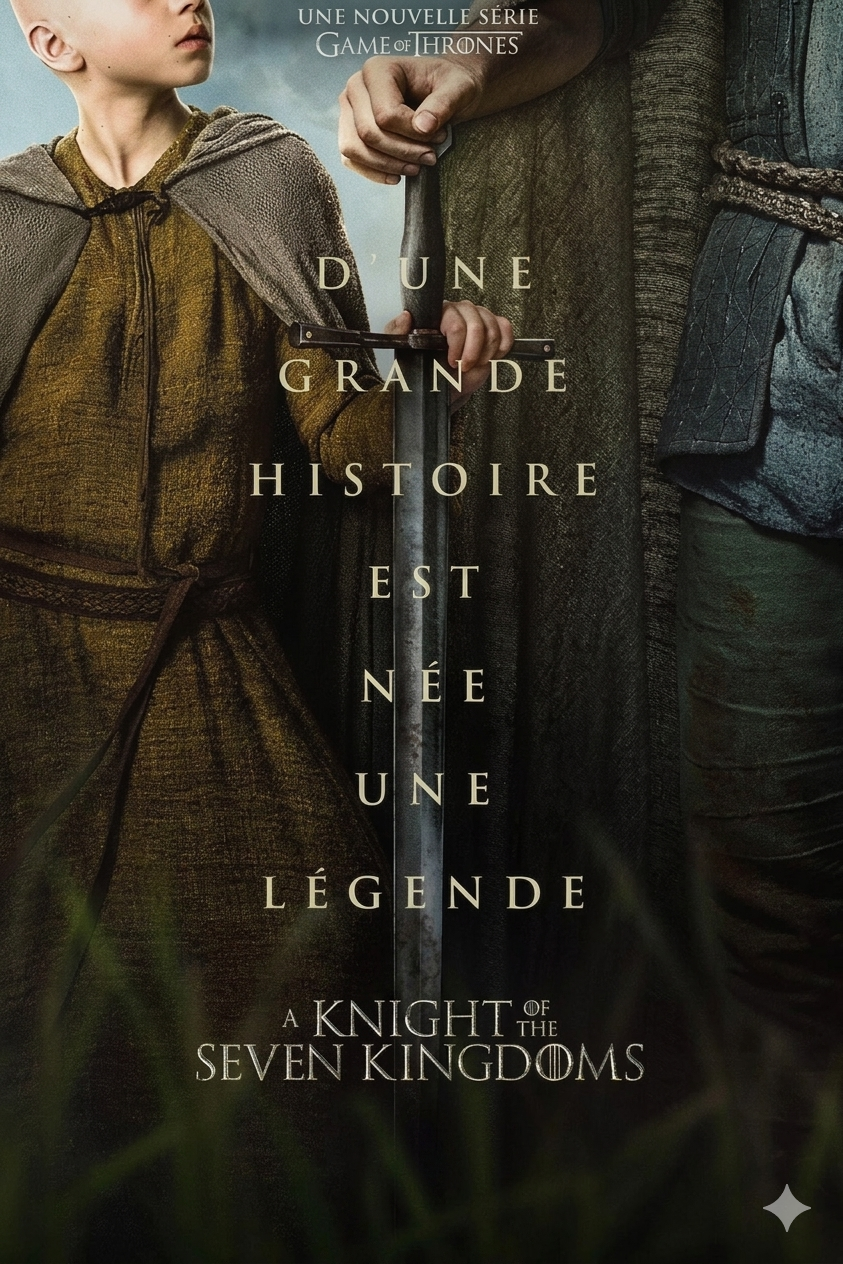 Ein kleiner Junge in einem Umhang steht neben einer großen, gepanzerten Gestalt, die ein Schwert in der Hand hält. Es erscheinen französischer Text und der Titel „A Knight of the Seven Kingdoms“ – eine Anspielung auf die Serie „Game of Thrones“. Die Szene fängt einen epischen Moment ein, der perfekt für Fans ist, die solche Abenteuer noch einmal erleben möchten – und das jetzt ganz einfach über IPTV Kaufen.