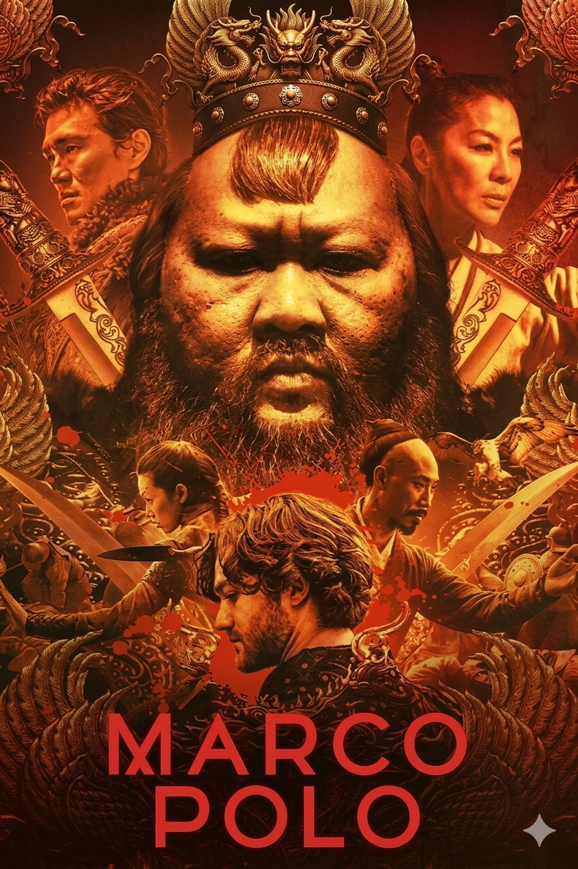 Ein dramatisches Poster zur Fernsehserie „Marco Polo“, auf dem in der Mitte eine große, gekrönte Figur zu sehen ist, flankiert von Schwertern und mehreren anderen Figuren in dynamischen Posen – alles vor einem feuerroten Hintergrund. Ein eindrucksvolles Bild, perfekt für Fans, die ihre Lieblingsserien mit „IPTV Kaufen“ streamen.