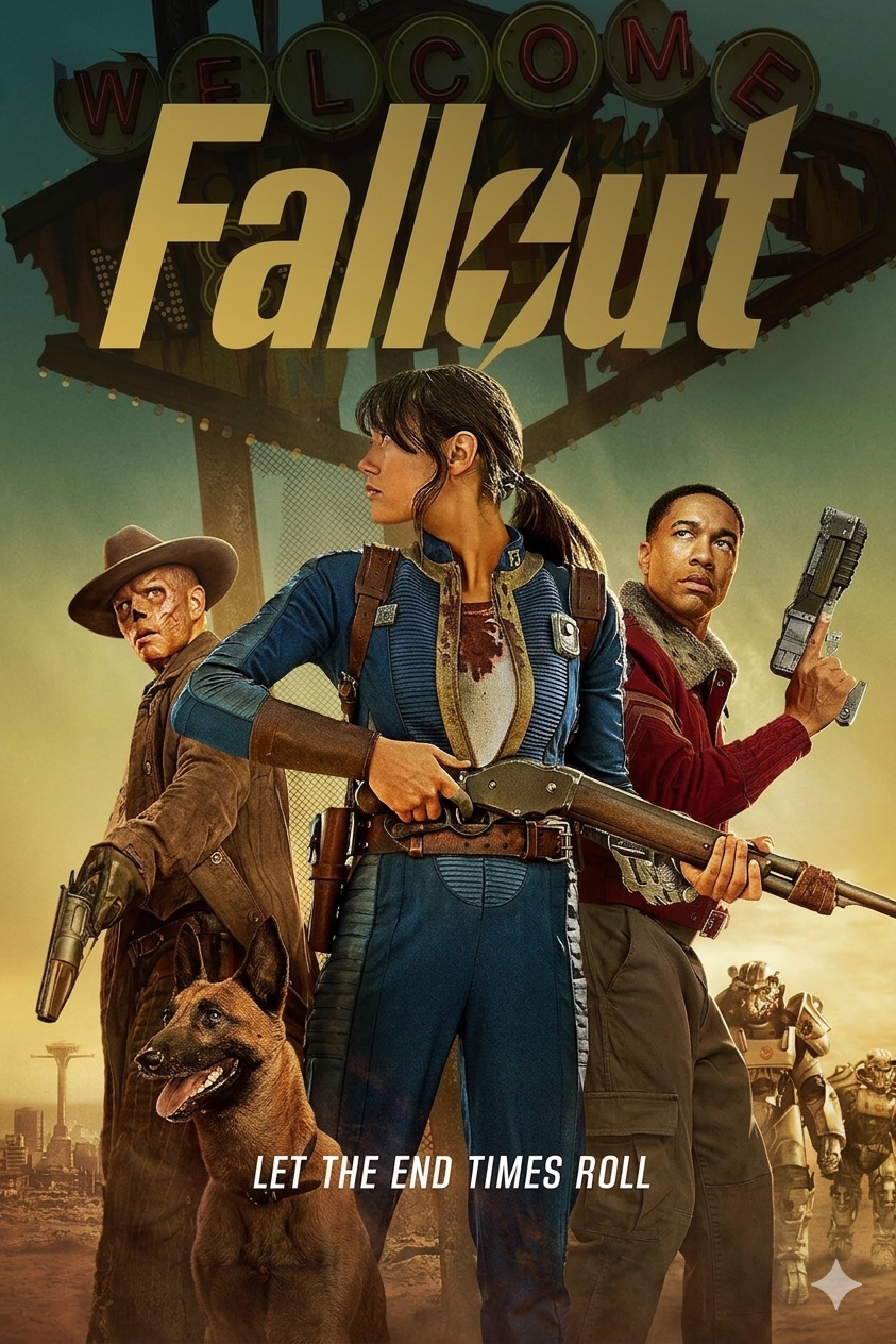 Drei bewaffnete Personen und ein Hund stehen vor einem zerstörten „Welcome“-Schild. Über ihnen prangt das Wort „Fallout“. Im Hintergrund sind eine postapokalyptische Landschaft und Roboter zu sehen – die perfekte Kulisse, die Sie genießen können, nachdem Sie IPTV gekauft haben, um all Ihre Streaming-Bedürfnisse zu stillen. Der Text unten lautet: LET THE END TIMES ROLL.