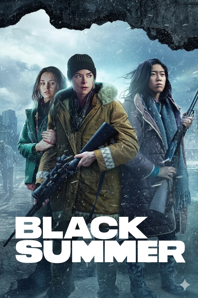 Drei Frauen in Winterkleidung, die Waffen in den Händen halten, stehen in einer verschneiten, postapokalyptischen Stadt. Unten ist in fetten Buchstaben der Schriftzug „Black Summer“ zu sehen, der auf das packende Drama hindeutet, das Sie auf keinen Fall verpassen sollten – ideal zum Anschauen, wenn Sie IPTV kaufen.