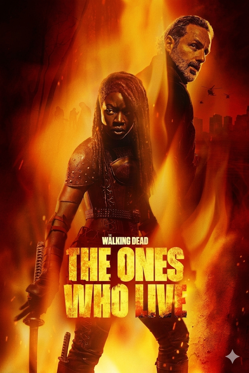 Zwei Figuren aus „The Walking Dead“ stehen Rücken an Rücken inmitten von Flammen, eine davon hält ein Schwert in der Hand. Der Text lautet: „The Ones Who Live“. Im Hintergrund sorgen die brennende Skyline einer Stadt und Hubschrauber für eine spannende Atmosphäre – perfekt für Zuschauer, die solche dramatischen Momente mit „IPTV Kaufen“ streamen möchten.
