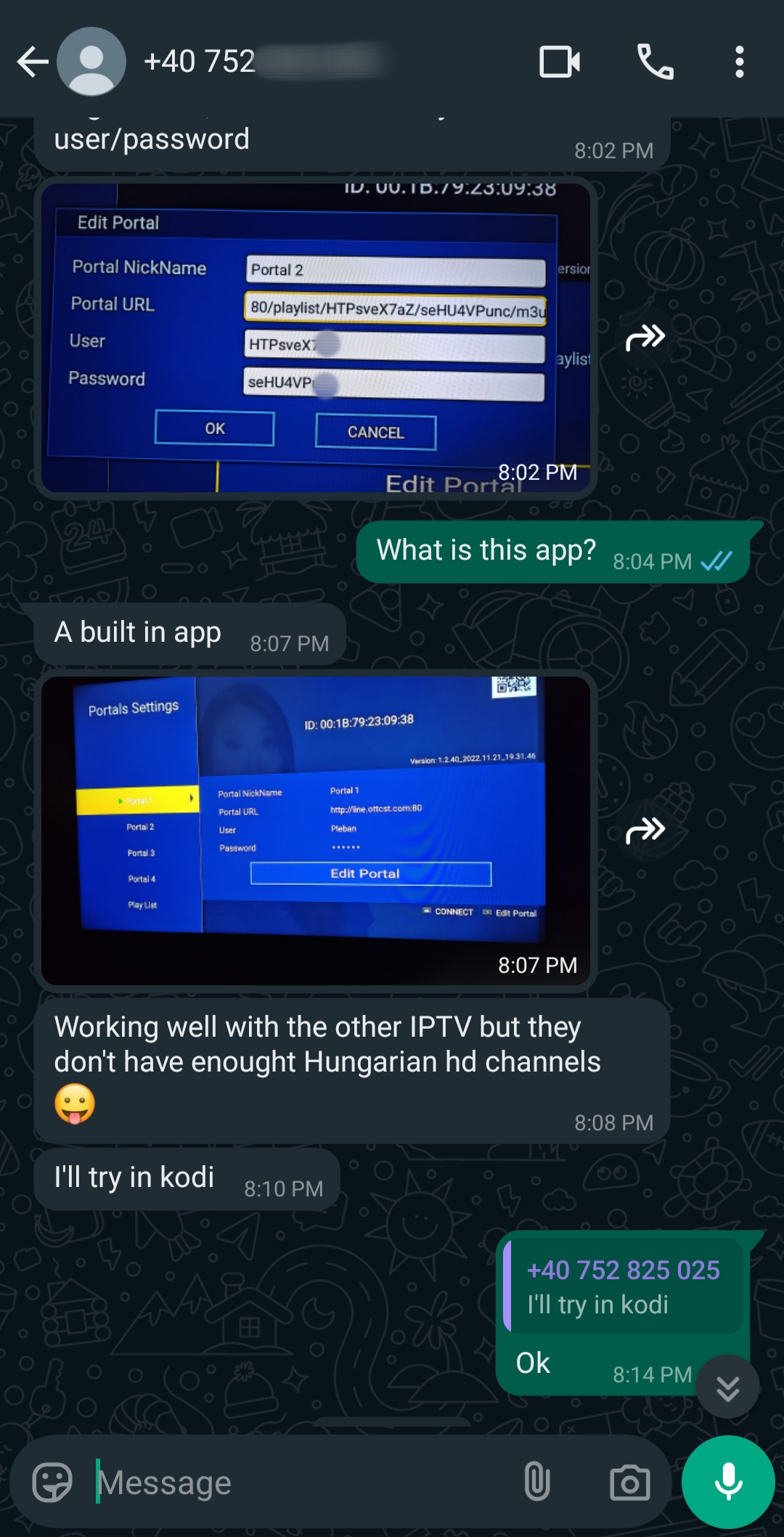Ein WhatsApp-Chat zeigt eine Diskussion über die Einstellungen eines IPTV-App-Portals, wobei Screenshots der Benutzeroberfläche geteilt werden. In der Unterhaltung geht es unter anderem um das Testen der App und darum, dass man sie aufgrund der begrenzten Auswahl an ungarischen Kanälen in Kodi ausprobieren möchte; ein Teilnehmer schlägt „IPTV Kaufen“ vor, um eine größere Auswahl zu erhalten.
