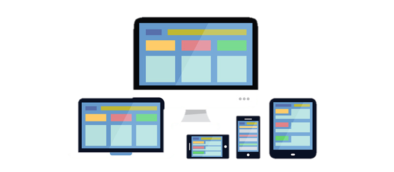 Abbildung eines Desktop-Computers, eines Laptops, eines Tablets und zweier Smartphones, auf denen ähnliche farbenfrohe Website-Layouts zu sehen sind – ein Beispiel für responsives Webdesign, ideal für alle, die IPTV kaufen und auf allen ihren Geräten problemlos auf Inhalte zugreifen möchten.