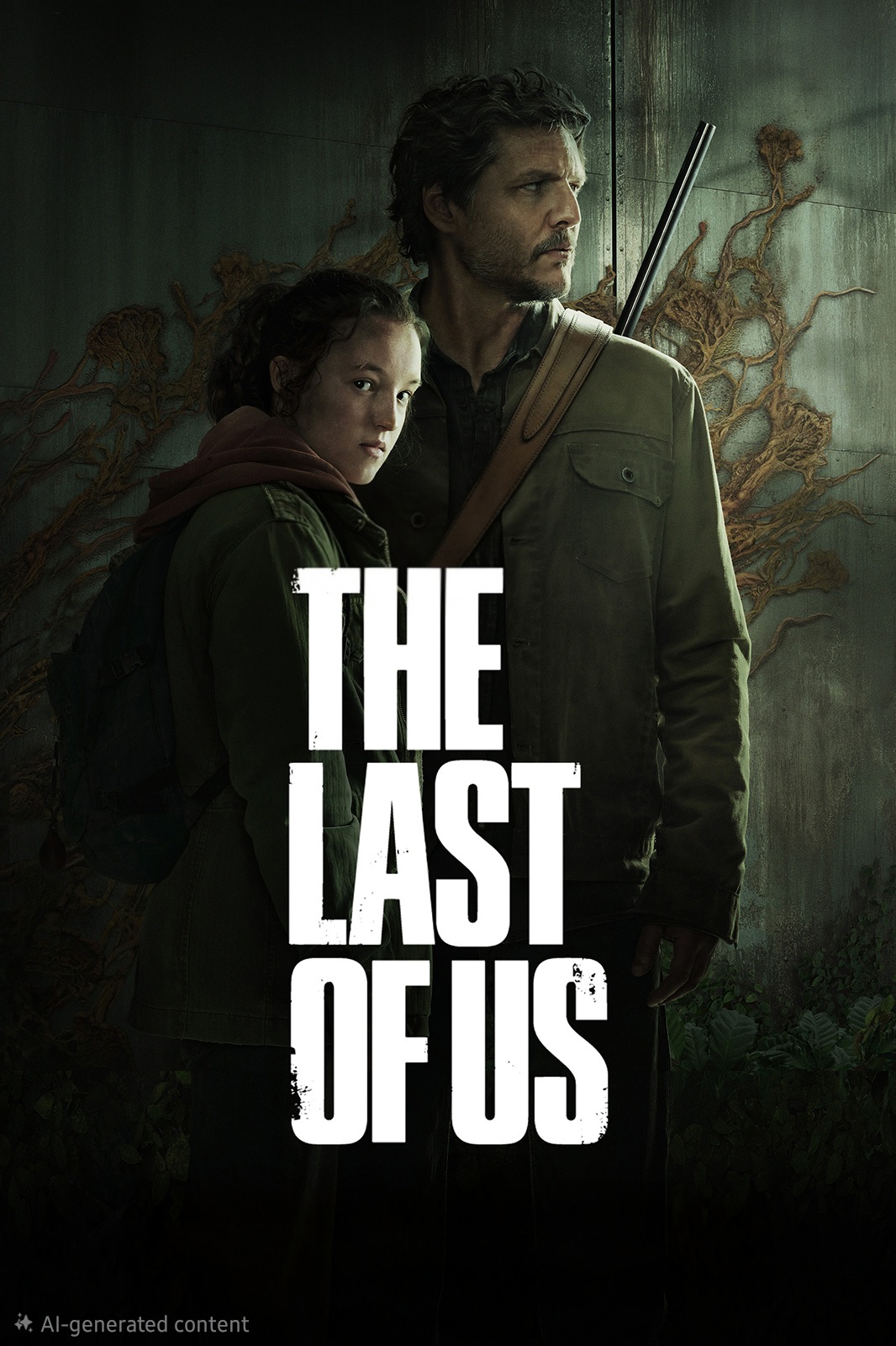 Ein Mann mit einem Gewehr steht beschützend neben einem jungen Mädchen. Beide blicken ernst. In großen weißen Buchstaben steht „The Last of Us“. An der Wand hinter ihnen ist Schimmel zu sehen, was die unheimliche Atmosphäre heraufbeschwört, die Fans über IPTV Kaufen erleben. Die Beleuchtung ist dunkel und stimmungsvoll.