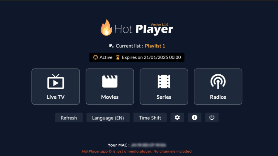 Eine dunkle Benutzeroberfläche von Hot Player zeigt folgende Optionen an: Live-TV, Filme, Serien, Radiosender und Einstellungen. Die App eignet sich perfekt für alle, die IPTV kaufen möchten, und zeigt eine aktive Wiedergabeliste an, die am 21.01.2025 abläuft. Die MAC-Adresse des Nutzers ist unten teilweise sichtbar.