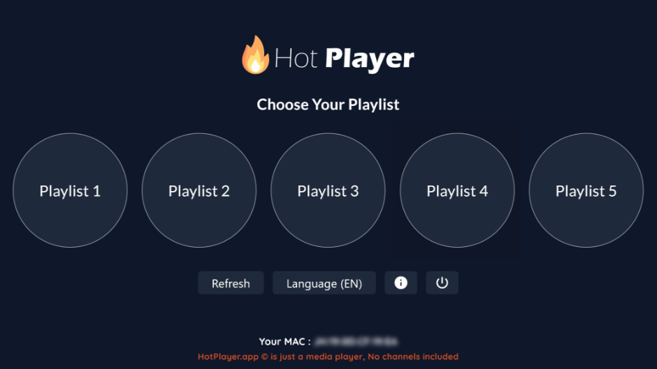 Benutzeroberfläche der „Hot Player“-App mit fünf runden Playlist-Schaltflächen mit den Bezeichnungen „Playlist 1“ bis „Playlist 5“ sowie den Symbolen für „Aktualisieren“, „Sprache“ und „Ein/Aus“ darunter. Ideal für Nutzer, die Optionen wie „IPTV Kaufen“ oder „IPTV Kaufe“ erkunden möchten. Der Text unten weist darauf hin, dass keine Kanäle enthalten sind.