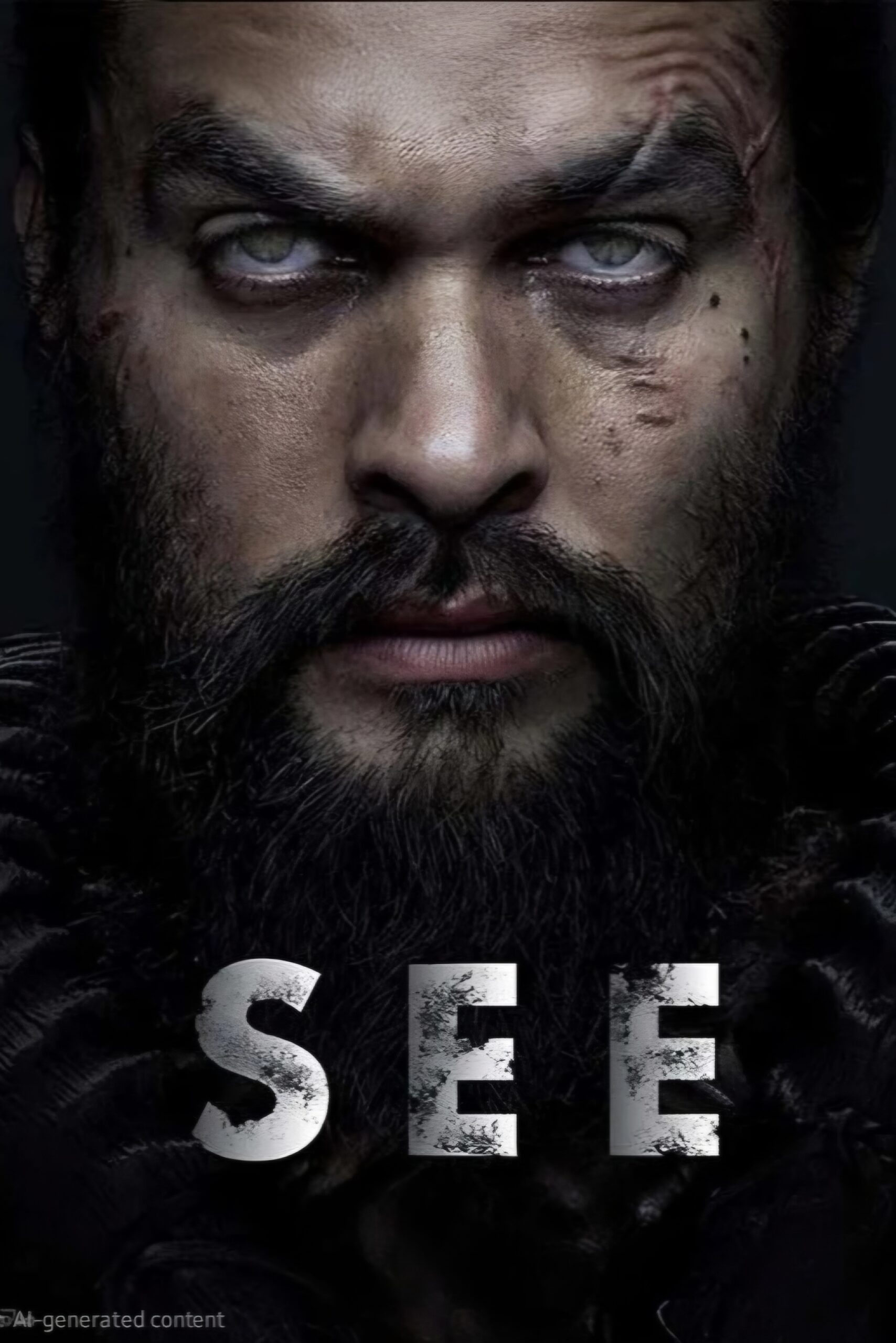 Nahaufnahme eines bärtigen Mannes mit Narben und weißen, undurchsichtigen Augen, der einen intensiven Blick hat. Am unteren Bildrand ist das Wort „SEE“ in fetten, abgenutzten Buchstaben zu sehen, was an den fesselnden Realismus der „IPTV Kaufen“-Werbekampagnen erinnert.